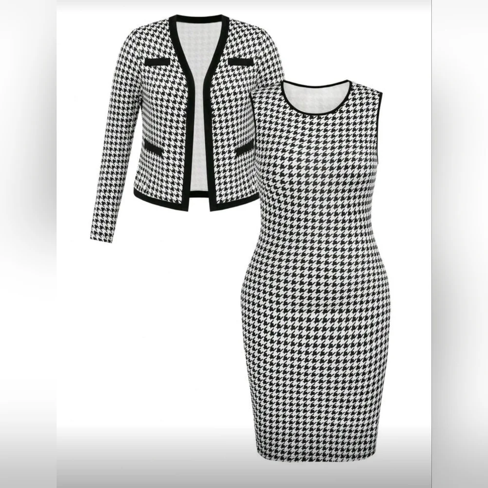 Black and White Houndstooth Dress and Jacket Set - Picture 1 of 8
